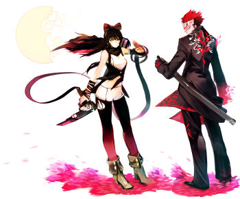 1boy 1girl adam_taurus black_hair black_pantyhose blake_belladonna boots breasts garter_belt garter_straps gloves gun highleg highleg_panties long_hair machine_pistol mask medium_breasts panties pantyhose ponytail red_hair ribbon rwby scarf sheath sheathed shorts so-bin sword thighhighs underwear weapon yellow_eyes