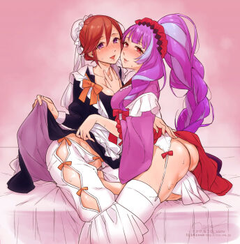 2girls alternate_costume apron arm_between_breasts between_breasts black_kimono blue_hair blush bow breasts bun_cover cleavage clothes_lift japanese_clothes kaname_buccaneer kimono kimono_lift lingerie long_hair macross macross_delta maid maid_apron medium_breasts mikumo_guynemer multicolored_hair multiple_girls open_mouth orange_bow ponytail purple_eyes purple_hair purple_kimono red_bow red_eyes red_hair sasanoneko sitting smile streaked_hair thighhighs underwear very_long_hair wa_maid white_thighhighs