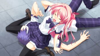 1boy 1girl accident accidental_pervert antenna_hair arm_support arm_up black_thighhighs blue_hair blush bow bowtie breasts brown_shoes chaos;head chaos;head_love_chu_chu! face_in_crotch game_cg hair_bow hand_in_own_hair hand_on_own_head head_between_thighs head_under_another&#039;s_clothes head_under_skirt knee_up kneeling loafers long_hair lying matsuo_yukihiro medium_breasts messy_hair miniskirt nishijou_takumi non-web_source official_art on_back one_side_up open_mouth outdoors outstretched_arms pants pink_hair plaid_bow plaid_bowtie plaid_clothes plaid_pants plaid_skirt plaid_sleeves plaid_trim pleated_skirt purple_bow purple_bowtie purple_pants purple_trim red_bow sakihata_rimi science_adventure shiny_skin shirt shoes short_hair short_sleeves side_ponytail sitting sitting_on_chest sitting_on_face sitting_on_person skirt spiked_hair thick_thighs thighhighs thighs tile_floor tiles tongue under_another&#039;s_clothes under_skirt unlikely_accident wariza zettai_ryouiki