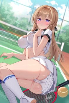 1girl absurdres ass ass_focus ball black_bow blush bow braid breasts brown_hair cameltoe clothes_lift cloud commentary_request covered_erect_nipples day frilled_panties frills hair_between_eyes hair_bow highres large_breasts lifting_own_clothes long_hair looking_at_viewer lying midriff navel official_art on_floor on_side outdoors panties pleated_skirt purple_eyes racket sanshoku_amido shiramine_aria shirt shirt_lift short_sleeves skirt sky socks spanked sports_bra sportswear steam strategic_lovers sweat tennis_ball tennis_court tennis_racket tennis_uniform thighs underwear white_panties white_shirt white_skirt white_socks white_sports_bra