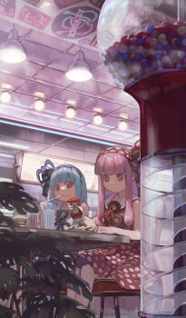 2girls a.i._voice absurdres black_shirt blue_hair blue_hairband blue_ribbon blunt_bangs bottle ceiling_light chair collared_shirt diner food gumball_machine hair_ribbon hairband highres holding holding_bottle holding_spoon ice_cream_spoon indoors ketchup_bottle kotonoha_akane kotonoha_aoi kyo_mizusawa long_hair looking_at_food low-tied_sidelocks multiple_girls neck_ribbon on_chair parfait peter_pan_collar pink_hair plant polka_dot polka_dot_hairband polka_dot_ribbon polka_dot_skirt red_eyes red_hairband red_ribbon red_skirt ribbon shirt siblings side-by-side sidelocks sisters sitting skirt sleeveless sleeveless_shirt spoon table voiceroid