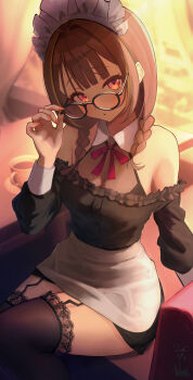 1girl absurdres adjusting_eyewear apron backlighting bare_shoulders black-framed_eyewear black_shirt black_thighhighs blonde_hair braid character_request closed_mouth cup fingernails frilled_shirt frills garter_straps glasses highres indoors lace lace-trimmed_thighhighs lace_trim long_fingernails long_hair looking_at_viewer maid_headdress multicolored_hair naikon nail_polish neck_ribbon off-shoulder_shirt off_shoulder orange_nails red_eyes red_ribbon ribbon shirt signature sitting solo streaked_hair thighhighs twin_braids two-tone_hair vspo! waist_apron white_apron