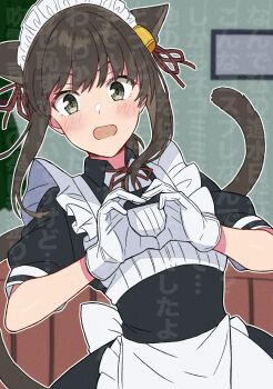 1girl alternate_costume animal_ears apron black_dress blush bow bow_apron brown_hair cat_ears cat_girl cat_tail character_name collared_dress commentary_request dress embarrassed enmaided film_grain frilled_headwear fubuki_(kancolle) green_eyes hair_between_eyes hair_ribbon happy_birthday heart heart_hands highres kantai_collection kemonomimi_mode looking_at_viewer low_ponytail maid maid_apron maid_headdress medium_hair nanafumi_(nanafumino) neck_ribbon open_mouth outline ponytail red_ribbon ribbon sash short_sleeves sidelocks solo tail translation_request upper_body waist_apron watermark white_apron white_bow white_outline