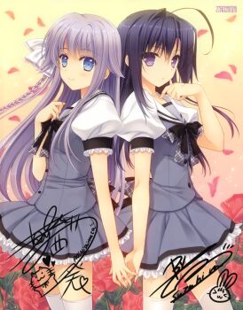2girls absurdres blue_eyes blue_hair cowboy_shot flower holding_hands highres light_purple_hair multiple_girls nishimata_aoi ookura_lumine petals puffy_short_sleeves puffy_sleeves purple_eyes rose rose_petals school_uniform short_sleeves signature skirt standing suzuhira_hiro thighhighs tsuki_ni_yorisou_otome_no_sahou_2 white_legwear youkadou_sakuri zettai_ryouiki
