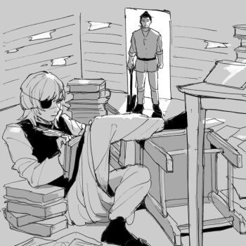 2boys badeni black_tunic book book_stack chi.:_chikyuu_no_undou_ni_tsuite eyepatch greyscale hair_bun highres holding holding_book holding_quill holding_shovel indoors male_focus mcybkw82 medium_hair monochrome multiple_boys oczy pants quill scar scar_on_face scar_on_nose shirt shovel sitting tunic vest white_pants white_shirt writing