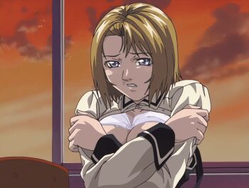 00s 1girl 2002 animated animated_gif bible_black bible_black_gaiden blonde_hair blue_eyes bra bra_pulled_up breasts classroom clothes_pull covering_breasts covering_privates crossed_arms kitami_reika large_breasts open_clothes resistance school school_uniform shirt shirts short_hair sunset tagme underwear white_bra window