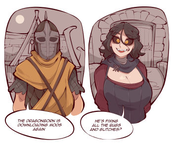 1boy 1girl absurdres black_hair black_sclera breasts cleavage colored_sclera english_text for_the_better_right?_(meme) guard_(skyrim) helmet highres large_breasts meme saucymojo serana speech_bubble the_elder_scrolls the_elder_scrolls_v:_skyrim yellow_eyes