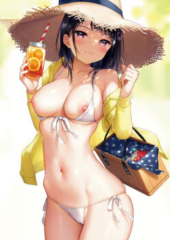 1girl bikini breasts cameltoe drinking_straw food front-tie_bikini_top front-tie_top fruit hat highres holding ichigo_(mignon) medium_breasts mignon navel nipple_slip nipples off_shoulder orange_(fruit) orange_slice original purple_eyes side-tie_bikini_bottom simple_background solo stomach straw_hat swimsuit