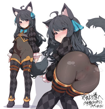 1girl ahoge all_fours animal_ear_fluff animal_ears ass black_fur black_hair black_thighhighs blush bodystocking boots brown_eyes cameltoe cat_ears cat_girl cat_tail closed_mouth commission covered_navel fat_mons highres loli long_hair long_sleeves looking_at_viewer looking_back nose_blush pussy rougetsu_(eclipse) see-through_clothes simple_background skeb_commission standing svartlilja_(vrchat) tail thigh_boots thighhighs vrchat white_background