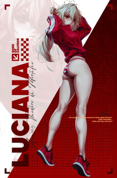 1girl absurdres ass bekus blonde_hair from_behind highres jacket long_hair looking_at_viewer luciana_de_montefio panties red_eyes red_jacket red_panties shoes skindentation sneakers solo standing striped_clothes striped_panties underwear very_long_hair zenless_zone_zero