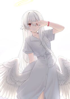 Rule 34 | >:), 1girl, arm behind back, arm up, closed mouth, dress, feathered wings, grey hair, hair between eyes, hair flaps, highres, kawama shuusuke, long hair, looking at viewer, low wings, original, red eyes, short sleeves, simple background, smile, solo, v-shaped eyebrows, very long hair, white background, white dress, white wings, wings