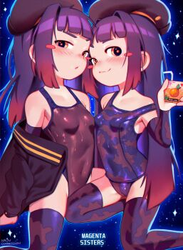 2girls :3 absurdres bare_shoulders beret black_jacket blue_background blue_one-piece_swimsuit blue_thighhighs blunt_bangs blush breasts cameltoe camouflage_swimsuit camouflage_thighhighs commentary commission covered_navel detached_sleeves drinking_straw english_commentary film_grain hair_intakes hat highres holding_juice_box huge_filesize jacket juice_box kneeling loli long_hair looking_at_viewer multiple_girls najucaju_naju one-piece_swimsuit open_clothes open_jacket original print_swimsuit purple_hair purple_hat school_swimsuit siblings sisters small_breasts star_(symbol) star_symbol_background swimsuit thighhighs twins variant_set wet wet_clothes wet_swimsuit yellow_eyes yellow_pupils