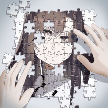 1girl arknights brown_hair commentary diamond-shaped_pupils diamond_(shape) highres looking_at_viewer nishimiya_aki priestess_(arknights) purple_eyes puzzle puzzle_piece shadow shirt smile solo_focus symbol-shaped_pupils upper_body white_shirt