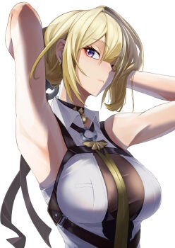 1girl absurdres armpits arms_up bare_shoulders black_choker blonde_hair breasts chest_harness choker closed_mouth commentary_request earrings evelyn_chevalier hanyuu08 harness highres jewelry large_breasts looking_to_the_side necktie no_gloves pendant_choker purple_eyes shirt simple_background sleeveless sleeveless_shirt solo upper_body white_background white_shirt yellow_necktie zenless_zone_zero