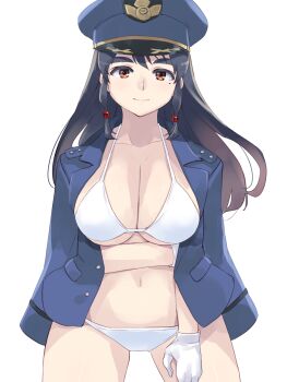 1girl arm_under_breasts bikini black_hair blue_jacket breasts brown_eyes cleavage commentary_request coveredcore cowboy_shot gloves hair_ornament halterneck hat highres jacket large_breasts long_hair looking_at_viewer mao_mao_(sonic_wings) mole mole_under_eye navel open_clothes open_jacket peaked_cap sidelocks solo sonic_wings suit_jacket swimsuit thick_eyebrows underboob white_background white_bikini white_gloves