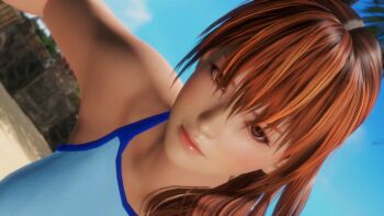 1girl blue_shirt blue_sky brown_eyes brown_hair colored_skin dead_or_alive dead_or_alive_6 game_screenshot highres kasumi_(doa) long_hair looking_at_viewer non-web_source shirt sky white_skin