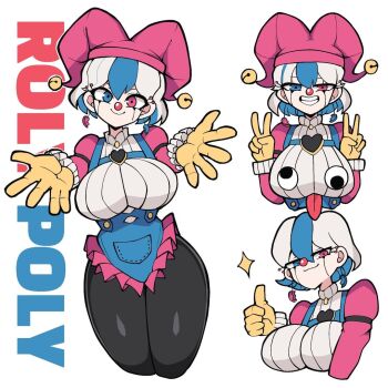 1girl bell blue_eyes blue_hair breasts clown clown_nose cowboy_shot curvy double-parted_bangs double_v earrings english_text eyelashes eyeliner gashi-gashi gloves googly_eyes grin hat heterochromia jester jester_cap jewelry large_breasts looking_at_viewer makeup original overalls pink_eyes pocket short_hair simple_background smile solo thighs thumbs_up tongue v white_background white_hair yellow_gloves