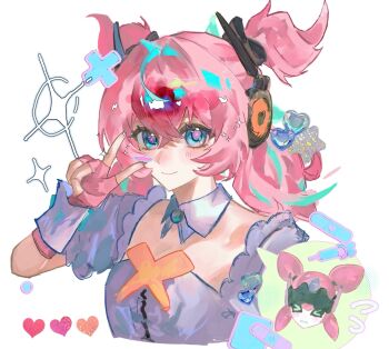 >_< 1girl blue_eyes blue_hair blue_streaks blush closed_eyes closed_mouth crossed_bangs detached_collar dress fingerless_gloves flying_sweatdrops frilled_sleeves frills gloves hair_between_eyes heart highres looking_at_viewer mechanical_ears multicolored_hair pink_gloves pink_hair robot_girl short_twintails simple_background solo sparkle sparkling_eyes spoken_character streaked_hair twintails upper_body v white_background white_dress x431788 yutane_johiel zenless_zone_zero