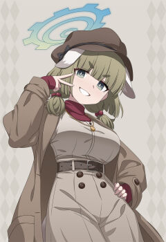 1girl animal_ears blue_archive blue_halo breasts brown_coat brown_hat coat dog_ears dog_girl droopy_ears green_eyes green_hair hair_bobbles hair_ornament halo hat highres large_breasts long_hair long_sleeves looking_at_viewer newsboy_cap smile solo v welchsbinn yakumo_(blue_archive)
