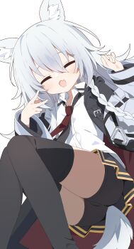 Rule 34 | 1girl, :d, absurdres, animal ear fluff, animal ears, bike shorts, bike shorts under skirt, black skirt, black thighhighs, blush, braid, closed eyes, collared shirt, commentary, commission, facing viewer, fang, feet out of frame, grey hair, grey jacket, hair between eyes, hands up, highres, jacket, long hair, long sleeves, miniskirt, necktie, open clothes, open jacket, open mouth, original, pleated skirt, red necktie, shirt, simple background, single braid, skeb commission, skin fang, skirt, smile, solo, tail, thighhighs, urotsuki (ku9625), white background, white shirt, wolf ears, wolf girl, wolf tail