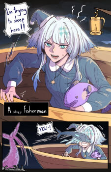 Rule 34 | 2girls, absurdres, blue eyes, blue hair, blue shirt, boat, cerydra (honkai: star rail), cesar zebrah, commentary, hat, highres, holding, holding stuffed toy, honkai: star rail, honkai (series), hysilens (honkai: star rail), lantern, long hair, multiple girls, nightcap, shirt, speech bubble, stuffed animal, stuffed fish, stuffed toy, watercraft