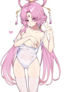 Rule 34 | 1girl, :o, alternate breast size (larger), breasts, clothes pull, commentary request, covering breasts, covering privates, forehead jewel, fu xuan (honkai: star rail), heart, highres, honkai: star rail, honkai (series), long hair, medium breasts, one-piece swimsuit, one-piece swimsuit pull, pink eyes, pink hair, pinponpaaru, simple background, solo, strap lift, swimsuit, thighhighs, thighs, very long hair, w, white background, white one-piece swimsuit, white thighhighs