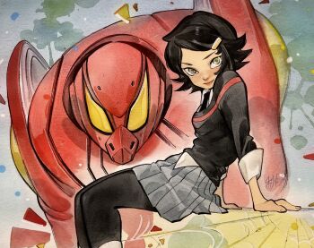 1girl black_hair black_necktie black_pantyhose black_sweater grey_skirt hair_ornament hairclip highres looking_at_viewer marvel mecha necktie pantyhose peach_momoko peni_parker robot skirt sp//dr spider-man_(series) sweater yellow_eyes
