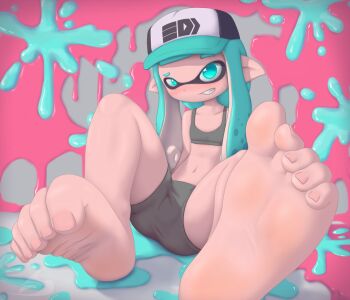 1girl barefoot bike_shorts blue_eyes blue_hair fangs feet hat inkling inkling_girl inkling_player_character long_hair nintendo pointy_ears rysonanthrodog soles splatoon_(series) splatoon_2 splatoon_2:_octo_expansion squid tentacle_hair toe_scrunch toes