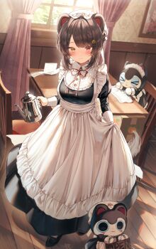 1girl :3 absurdres animal_ears apron black_dress black_footwear bloom blunt_bangs blush box breasts brown_hair cardboard_box curtains dog dog_ears dog_girl dress flower frilled_apron frills hair_flower hair_ornament heterochromia highres holding holding_teapot indoors inui_toko inui_toko_(western_maid) juliet_sleeves light_particles living_plush long_sleeves looking_at_viewer maid_apron maid_day maid_headdress medium_breasts medium_hair neck_ribbon nijisanji official_alternate_costume open_sign picture_frame puffy_sleeves red_eyes red_ribbon ribbon sidelocks smile solo sunlight table teapot virtual_youtuber waist_apron wallpaper_(object) white_apron window window_shadow wiping_table wooden_floor wooden_wall wrist_cuffs y_o_u_k_a yellow_eyes