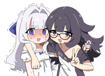 2girls black_eyes black_hair blue_eyes blush collarbone glasses inukai_purin looking_at_viewer monomogi multiple_girls o-chan off-shoulder_shirt off_shoulder original shirt v white_background white_hair