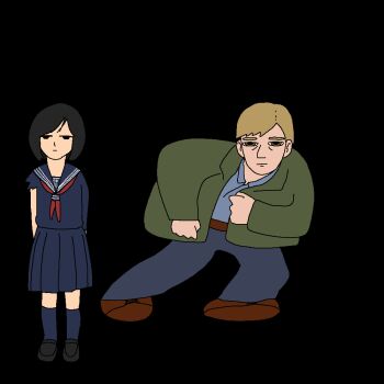 1boy 1girl animated animated_gif arms_behind_back black_hair black_shoes blonde_hair blue_pants blue_sailor_collar blue_serafuku blue_shirt blue_skirt blue_socks brown_shoes dodging green_jacket in-franchise_crossover jacket james_sunderland looking_at_viewer looping_animation neckerchief pants red_neckerchief ronunununu sailor_collar school_uniform serafuku shimizu_hinako shirt shoes short_hair silent_hill_(series) silent_hill_2 silent_hill_2_(remake) silent_hill_f skirt socks