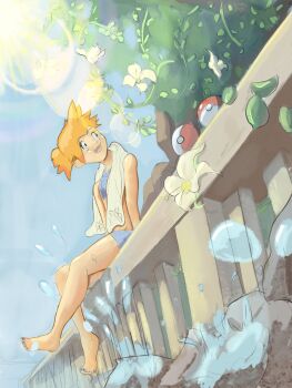 1girl :d barefoot bikini blue_bikini blue_eyes blue_nails day feet fence flower full_body knees leaf lens_flare looking_to_the_side misty_(pokemon) nail_polish nintendo open_mouth orange_hair outdoors plant poke_ball poke_ball_(basic) pokemon pokemon_(anime) pokemon_(classic_anime) pokemon_(creature) pokemon_rgby short_hair shorts side_ponytail sitting sky smile solo splashing sun swimsuit teeth toenail_polish toenails toes tongue towel towel_around_neck tree vines water water_drop white_flower