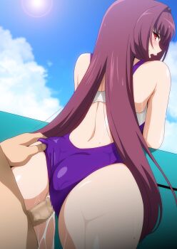1boy 1girl arched_back ass back bare_arms bare_legs bare_shoulders blue_sky blush censored clothes_pull clothing_aside cloud competition_swimsuit cum cum_in_pussy cum_on_body cum_on_legs cum_overflow erection fate/grand_order fate_(series) from_behind furrowed_brow hair_intakes hair_over_shoulder hand_on_another&#039;s_ass hara_(harayutaka) hetero highres leaning_on_object long_hair looking_back median_furrow mosaic_censoring one-piece_swimsuit one-piece_swimsuit_pull outdoors penis purple_one-piece_swimsuit pussy_juice racerback red_eyes scathach_(fate) sex sex_from_behind shiny_skin sideways_glance sky sun sunlight sweat swimsuit swimsuit_aside two-tone_one-piece_swimsuit vaginal very_long_hair white_one-piece_swimsuit