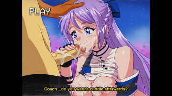 1boy 1girl breasts clothes_lift commentary commission cum cum_on_body cum_on_breasts cum_on_upper_body dirty_ero english_commentary facial fake_video fellatio folkwang_(nikke) glitch goddess_of_victory:_nikke licking licking_penis nipples oral penis purple_hair shirt_lift solo_focus subtitled tongue tongue_out