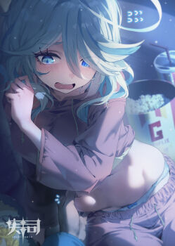 1girl 1other absurdres alternate_costume artist_name belly_grab blue_eyes blue_hair blue_streaks blush commentary_request couch cup disposable_cup drop-shaped_pupils flying_sweatdrops food furina_(genshin_impact) furrowed_brow genshin_impact grabbing_another&#039;s_stomach grey_hoodie grey_pants hair_between_eyes heterochromia highres hood hood_down hoodie long_hair looking_down mismatched_pupils navel on_couch open_mouth panties pants panty_peek pinching popcorn pov pov_hands sitting skindentation stomach sushispin sweatpants symbol-shaped_pupils underwear white_hair