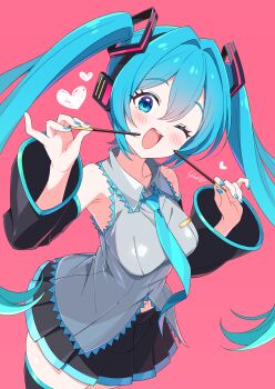 1girl aqua_eyes aqua_hair aqua_nails aqua_necktie bare_shoulders black_sleeves breasts detached_sleeves food hatsune_miku headset highres holding holding_food holding_pocky kamuraaa_615 long_hair looking_at_viewer medium_breasts necktie pink_background pocky pocky_day shirt simple_background skirt sleeveless sleeveless_shirt smile solo thighhighs twintails very_long_hair vocaloid
