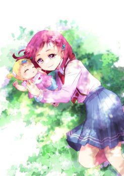 1girl 2girls baby blue_skirt closed_eyes closed_mouth commentary dappled_sunlight day dress_shirt from_above full_body hair_ornament hairclip highres hug-tan_(precure) hugtto!_precure l'avenir_academy_school_uniform long_sleeves looking_at_another lying manekineko5319 medium_hair medium_skirt multiple_girls necktie nono_hana on_ground on_side outdoors pink_shirt pleated_skirt precure red_necktie school_uniform shirt skirt solo sunlight x_hair_ornament