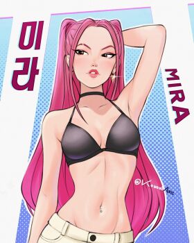 Rule 34 | 1girl, arm up, black bra, black choker, bra, character name, choker, commentary, earrings, english commentary, glint, highres, jewelry, konomidraws, kpop demon hunters, long hair, looking to the side, mira (kpop demon hunters), navel, parted lips, pink lips, solo, twintails, twitter username, underwear, upper body