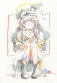 1girl :o animal_ears bare_shoulders black_boots black_hair black_shirt blue_archive blue_eyes boots breasts coat collar commentary_request dog_ears dog_girl dog_tags dog_tail fishnet_pantyhose fishnets full_body halo hariyaa hibiki_(blue_archive) highres holding holding_screwdriver long_hair long_sleeves looking_at_viewer motion_lines notice_lines off_shoulder overall_shorts overalls painting_(medium) pantyhose parted_lips screwdriver shirt small_breasts solo squatting straight-on tail traditional_media twintails watercolor_(medium) white_coat