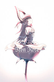 1girl breasts curled_horns dragon_horns dress echo_(circa) elizabeth_bathory_(fate) fate/grand_order fate_(series) flower horns humanoid_robot long_hair mecha_eli-chan_mk.ii_(fate) metal_flower pointy_ears robot robot_girl rose small_breasts