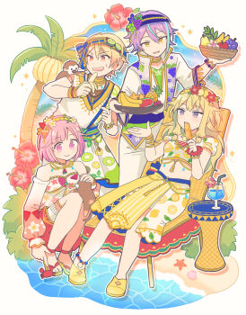2boys 2girls apple banana basket blonde_hair blue_headband bowl bracelet commentary crab cropped_shirt flower food food-themed_hair_ornament food_print fruit fruit_print grape_hair_ornament grape_print grapes green_hair hair_flower hair_ornament headband hibiscus highres hitopm holding holding_basket holding_bowl jacket jewelry kamishiro_rui kiwi_hair_ornament kiwi_print kneeling kusanagi_nene lemon_hair_ornament lemon_print long_hair monkey multiple_boys multiple_girls ootori_emu pineapple pink_eyes pink_hair popsicle project_sekai purple_hair red_flower shirt shoes short_hair skirt starfish sweat table tassel tenma_tsukasa water watermelon watermelon_hair_ornament watermelon_print white_jacket white_shirt wonderlands_x_showtime_(project_sekai) yellow_eyes yellow_shoes yellow_skirt zettai_zetsumei!?_island_panic!_(project_sekai)