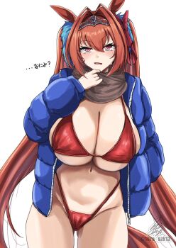1girl ? alternate_breast_size_(larger) animal_ears artist_name bikini blue_jacket brown_scarf commentary_request daiwa_scarlet_(umamusume) dot_nose fang hair_between_eyes hair_ornament highres horse_ears horse_girl horse_tail ibara_azuki jacket long_hair long_sleeves navel open_clothes open_jacket open_mouth orange_hair pink_eyes red_bikini scarf simple_background skin_fang speech_bubble swimsuit tail tiara twintails umamusume very_long_hair