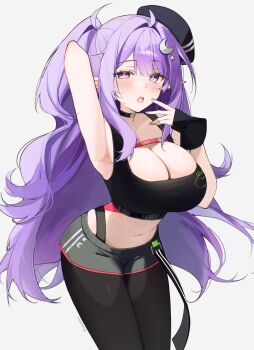 1girl absurdres arm_behind_head armpits black_hat black_pantyhose black_shorts breasts cleavage commentary crescent crescent_hair_ornament eepy_sleepy hair_ornament hat highres large_breasts long_hair navel pantyhose phase_connect pointy_ears purple_eyes purple_nails short_shorts shorts solo star_(symbol) star_hair_ornament stomach untranslatable_commentary virtual_youtuber yuzureei