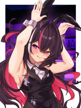 Rule 34 | 1girl, absurdres, alternate costume, animal ears, armpits, ascot, azki (hololive), black hair, black leotard, breasts, closed mouth, collar, colored inner hair, commentary request, detached collar, fake animal ears, highres, hololive, leotard, long hair, looking at viewer, medium breasts, multicolored hair, pink hair, pink streaks, playboy bunny, purple eyes, rabbit ears, rabbit pose, remynoue, smile, solo, strapless, strapless leotard, virtual youtuber, white ascot, white collar, white streaks