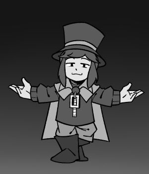 1girl :3 a_hat_in_time black_background boots cape child closed_mouth dot_nose fujimna full_body gradient_background grey_background greyscale hat hat_kid hat_ribbon jacket long_sleeves looking_at_viewer medium_hair monochrome open_hands outstretched_arms pants ribbon sidelocks smug solo spread_arms t-pose top_hat zipper zipper_pull_tab