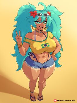 1girl 2024 absurdres ahoge alternate_costume alternate_skin_color aqua_hair bikini bikini_under_clothes blue_eyes blue_shorts bracelet brazilian_flag brazilian_flag_print brazilian_miku commentary covered_erect_nipples crop_top curvy daf_n_half dark-skinned_female dark_skin denim denim_shorts earrings english_commentary exposed_pocket eyewear_on_head flag_print flip-flops flower from_above full_body green_nails hair_flower hair_ornament hand_on_own_hip hatsune_miku hibiscus highres jewelry long_hair looking_at_viewer midriff multicolored_nails multiple_bracelets nail_polish navel off-shoulder_shirt off_shoulder open_mouth patreon_username sandals shadow shirt short_sleeves shorts side-tie_bikini_bottom simple_background smile solo standing sunglasses swimsuit tan teeth thick_thighs thighs thong thong_bikini toenail_polish toenails tongue tongue_out torn_clothes torn_shorts twintails v very_long_hair vocaloid watermark white_background wide_hips yellow_nails