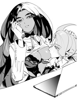 2girls ahoge blush bra breast_sucking breasts clothes_lift computer desk geeta_(pokemon) geetasdog gen_4_pokemon gloves greyscale hand_on_another's_head highres holding holding_phone lace lace-trimmed_bra lace_trim laptop long_hair monochrome multiple_girls nintendo phone pokemon pokemon_sv rika_(pokemon) rotom rotom_phone shirt_lift underwear uppi white_background yuri