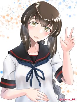 1girl black_hair black_sailor_collar blue_neckerchief braid highres isonami_(kancolle) isonami_kai_ni_(kancolle) kantai_collection long_hair looking_at_viewer neckerchief sailor_collar sailor_shirt school_uniform serafuku shirt sidelocks single_braid solo tsukasa_(tukasa_br) twitter_username upper_body v yellow_eyes