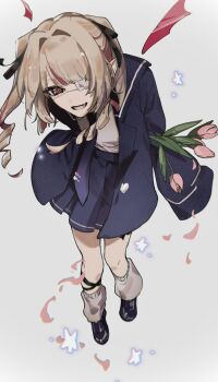 1girl :d arm_behind_back black_shoes blazer blue_jacket blue_necktie blue_ribbon blue_sailor_collar blue_skirt collared_shirt colored_inner_hair detached_wings drill_hair eyepatch falling_petals fangs flower from_above full_body grey_hair hair_intakes hair_ribbon halftone hashtag-only_commentary heart highres holding holding_flower jacket karghy lapels leaning_forward leg_ribbon leg_tattoo light_smile long_hair long_sleeves looking_at_viewer loose_socks makaino_ririmu medical_eyepatch miniskirt monitoring_(vocaloid) multicolored_hair necktie nijisanji notched_lapels official_alternate_costume official_alternate_hairstyle open_clothes open_jacket open_mouth parted_lips petals pink_flower pink_hair pink_streaks pink_tulip pleated_skirt pointy_ears red_eyes red_wings ribbon sailor_collar school_uniform shirt shirt_tucked_in shoes sidelocks simple_background skirt sleeves_past_fingers sleeves_past_wrists smile socks solo standing star_(symbol) streaked_hair tattoo tie_clip tulip two-tone_hair two_side_up virtual_youtuber white_background white_shirt white_socks wings