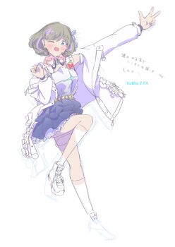 1girl blue_dress blue_eyes boots coat commentary dress flipped_hair frilled_dress frills gradient_clothes gradient_dress grey_hair hajimari_wa_kimi_no_sora highres kuma-z leg_up long_sleeves looking_at_viewer love_live! love_live!_superstar!! multicolored_hair official_alternate_costume open_clothes open_coat partially_colored purple_hair purple_streaks short_dress short_hair sleeveless sleeveless_dress solo streaked_hair tang_keke translation_request unfinished white_coat